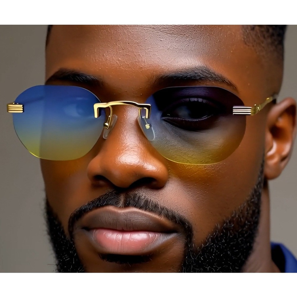 Rimless‎ Sunglasses Blue Yellow Gradient Lens Gold Frame Fashion Shades Lentes